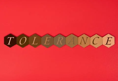 3D render of hexagonal wood tiles in gradient skin tones with text TOLERANCE on Illustrazione stock