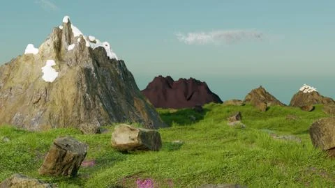 3d render of high meadow with wildflowers and snow capped mountains Stock Illustration