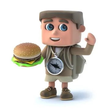 3d render of a hiker kid holding a beefburger. Stockillustratie