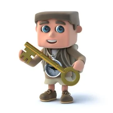 3d render of a hiker kid holding a gold key. Stockillustratie