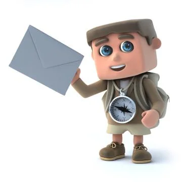 3d render of a hiker kid holding an envelope. 스톡 일러스트