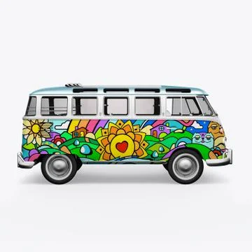 3D render hippie bus on white background 스톡 일러스트