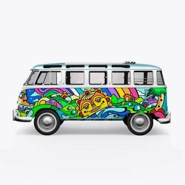3D render hippie bus on white background Illustrazione stock