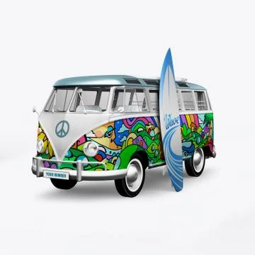 3D render hippie bus on white background 스톡 일러스트