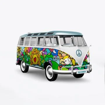 3D render hippie bus on white background 스톡 일러스트