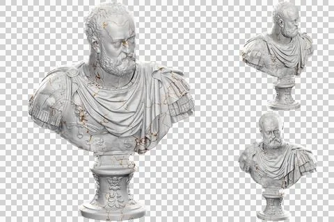 3D render of a historical bust statue with stone texture and gold accents. Id Stock Illustration