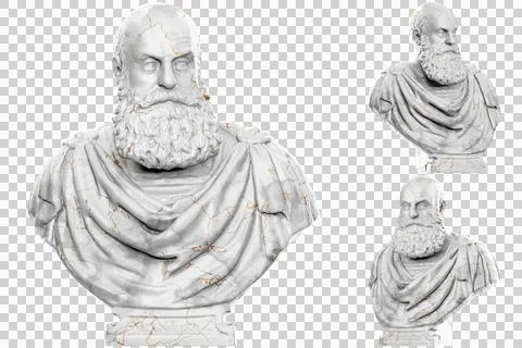 3D render of a historical bust statue with stone texture and gold accents. Id Stock Illustration