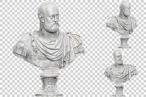 3D render of a historical bust statue with stone texture and gold accents. Id Stock Illustration
