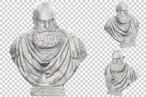 3D render of a historical bust statue with stone texture and gold accents. Id Stock Illustration