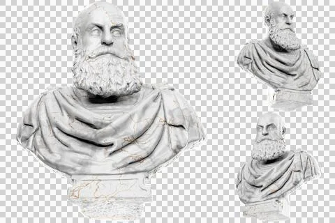 3D render of a historical bust statue with stone texture and gold accents. Id Stock Illustration