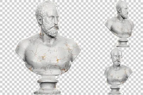 3D render of a historical bust statue with stone texture and gold accents. Id Stock Illustration