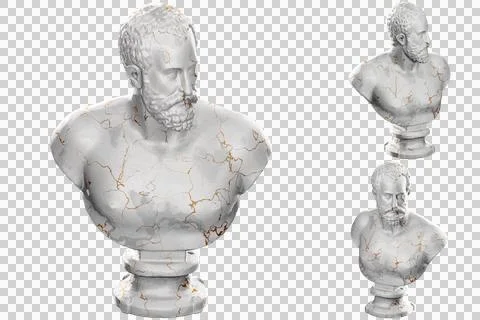 3D render of a historical bust statue with stone texture and gold accents. Id Stock Illustration