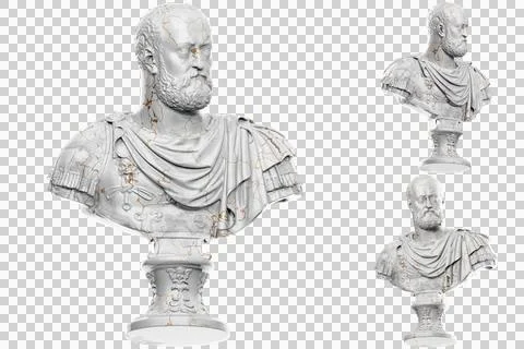 3D render of a historical bust statue with stone texture and gold accents. Id Stock Illustration