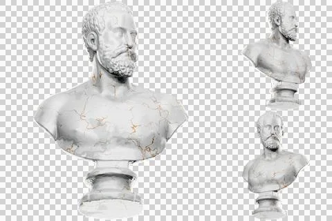 3D render of a historical bust statue with stone texture and gold accents. Id Stock Illustration