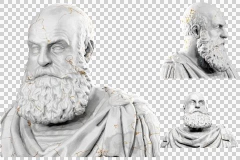 3D render of a historical bust statue with stone texture and gold accents. Id Stock Illustration