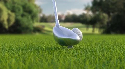 3d render hitting a golf ball with a club on the field side view Stock Illustration