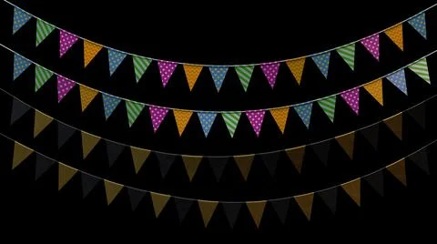 3d render holiday flags hanging on a rope on a black background Stock Illustration