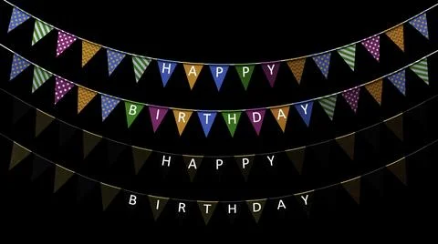 3d render holiday flags with the inscription happy birthday hanging on a rope on Illustrazione stock