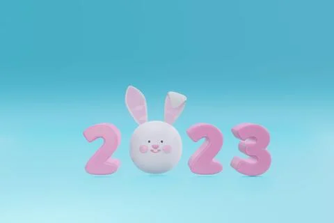 3d render. holiday numbers 2023 with bunny ears on a blue background Stock Illustration