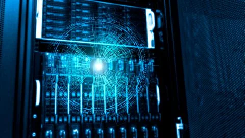 3D render hologram against the background of a supercomputer cluster, the Stock Illustration