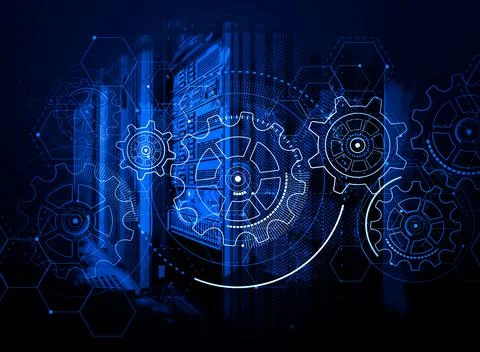 3D render hologram against the background of a supercomputer cluster, concept of Illustrazione stock