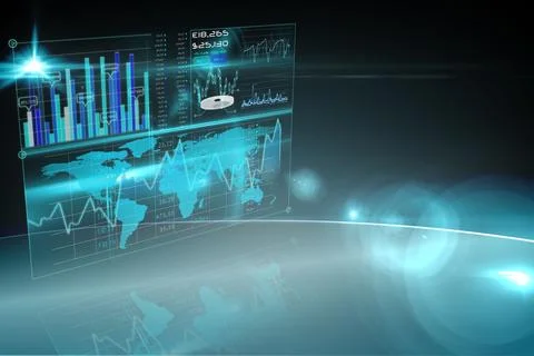 3D-render holographic dashboard is floating over floor in void, showing charts, Fotos Stock