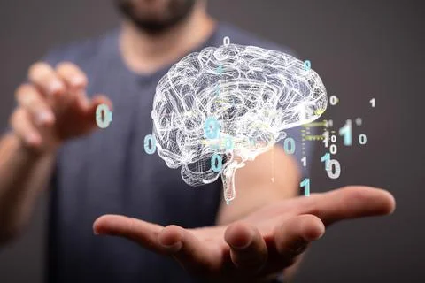 3D render of a holographic digital style human brain conveying the idea Foto stock