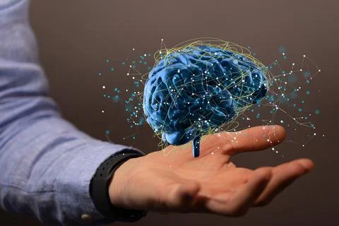 3D render of a holographic digital style human brain conveying the idea Foto stock