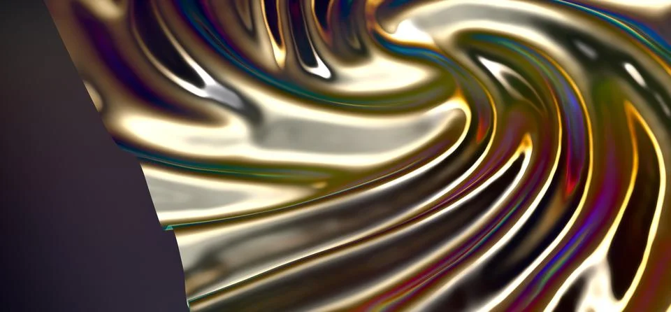 3D render holographic multicolor abstract cloth in motion on dark background. Stock Illustration