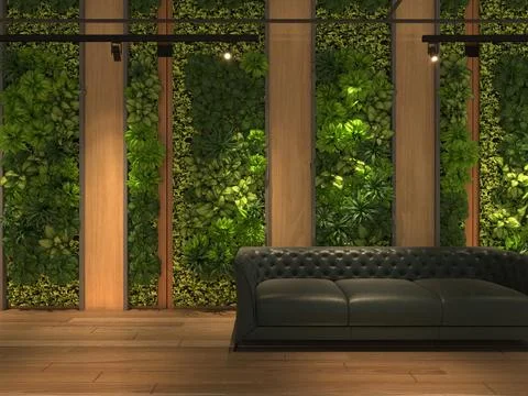 3D render Home interior mock-up sofa on green vertical plants background fo.. Stock-Illustration