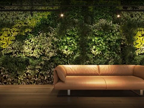 3D render Home interior mock-up sofa on green vertical plants background fo.. Stock-Illustration