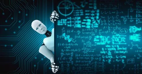 3D render hominoid robot show up from educational blackboard in class room 스톡 일러스트