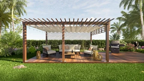 3D render horizontal trucking shot of a teak wood backyard Garden pergola Stock Footage 276373868