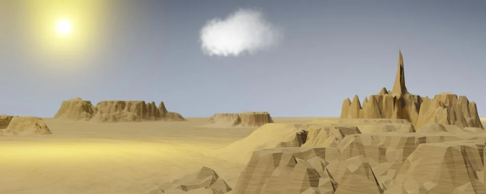 3d render of hot sun and desert landscape with single cloud. Stock Illustration
