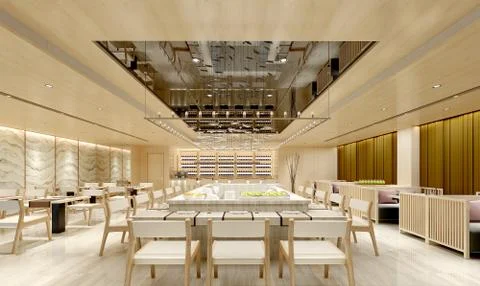 3D Render of hotel dinner room Stock Illustration