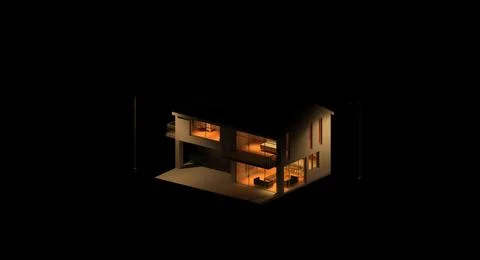 3d render of house at night with the lights turned Stock Illustration