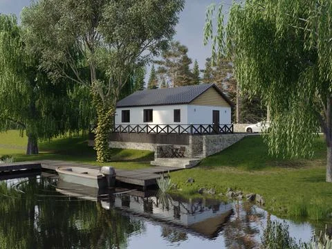 3d render of a house on the river bank. Stock-Illustration