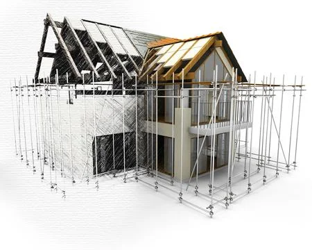 3D render of a house with scaffolding with half in sketch phase Stock Photos