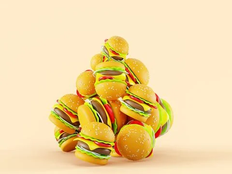 3d render huge stack of fast food meal hamburgers or burgers isolated on Stock Illustration