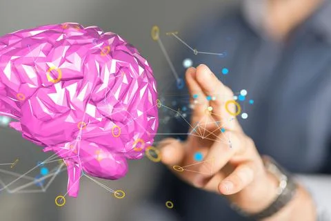 3D render of a human brain floating and being manipulated in a holographic manne Foto stock