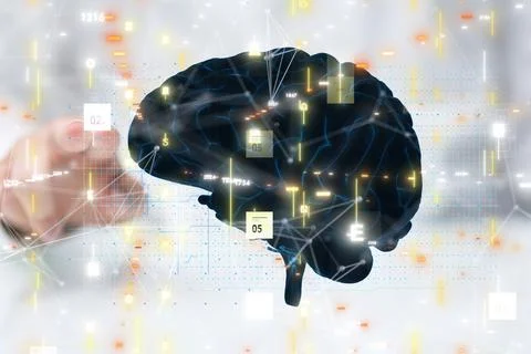 3D render of a human brain floating and being manipulated by a person in a holog Stock Photos