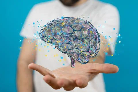 3D render of a human brain floating and being manipulated by a person in a holog Stock Photos