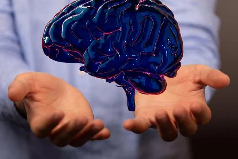 3D render of a human brain floating in the palm of a person in a holographic man Stock Photos