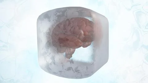 A 3D render of a human brain in an ice cube, representing Neurocryopreservation Stock Illustration