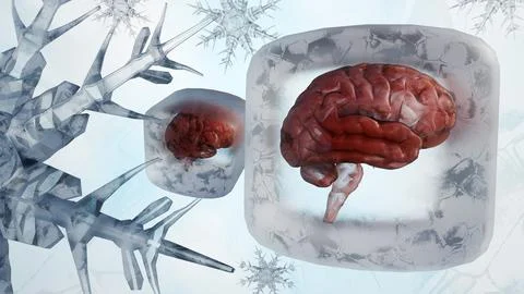 A 3D render of a human brain in an ice cube, representing Neurocryopreservation Stock Illustration