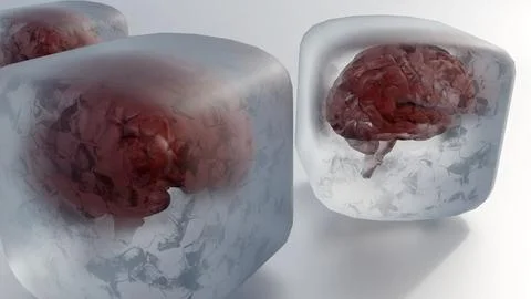A 3D render of a human brain in an ice cube, representing Neurocryopreservation Stock Illustration
