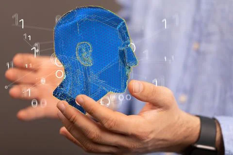 A 3D render of a human head floating above a Caucasian man's hands - artifici Stock Photos
