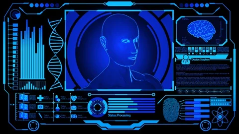 3D Render Human Head Model in Medical HUD Display Screen with Blue Color Stock Footage 129006656