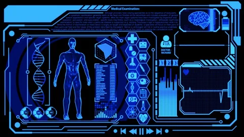 3D Render Human Model in Medical HUD Display Screen with Blue Color Stock Footage 129006314