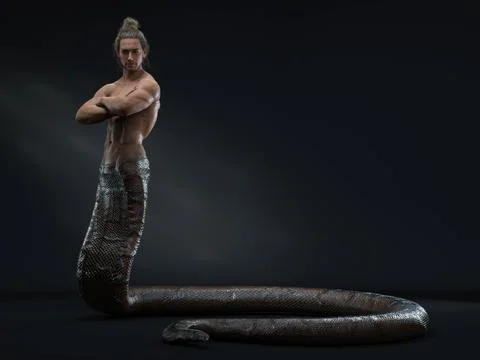 3D Render : A human-snake hybrid male creature, half snake half human Illustrazione stock